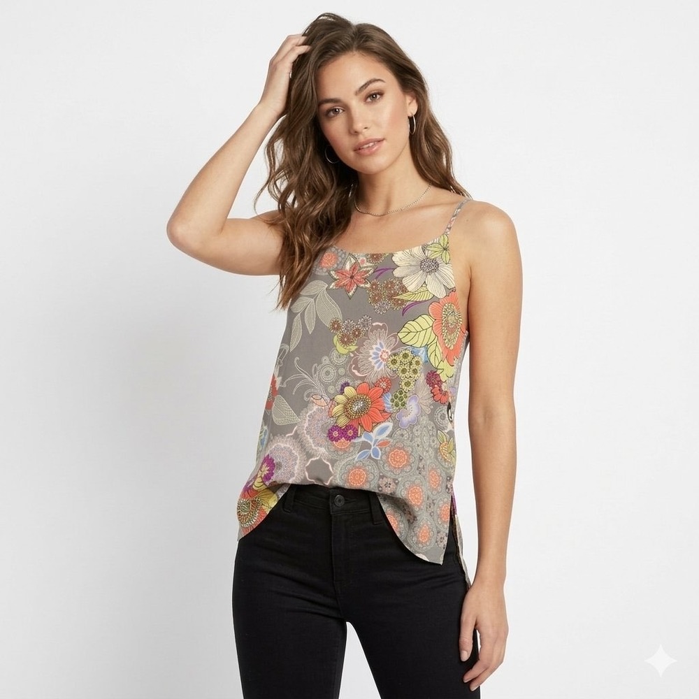 Lily Rain Floral Paisley Camisole Top Women's M Grey Multi Whimsical Boho Chic